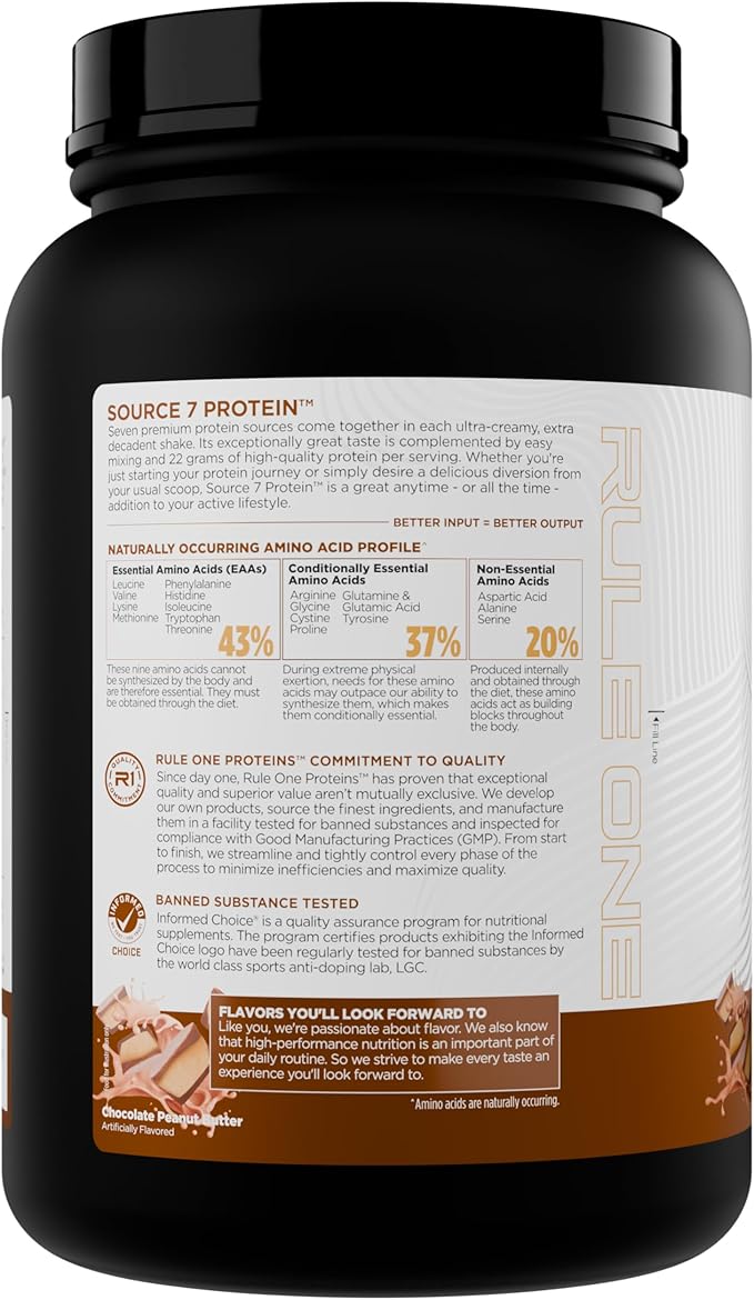 Rule 1 Source 7 Protein – Decadent Flavor Velvety Smooth Texture 22g Anytime Protein and 10g Naturally Occurring EAAs Per Serving from 7 Premium Sources (1.8 Pounds* Chocolate Peanut Butter)