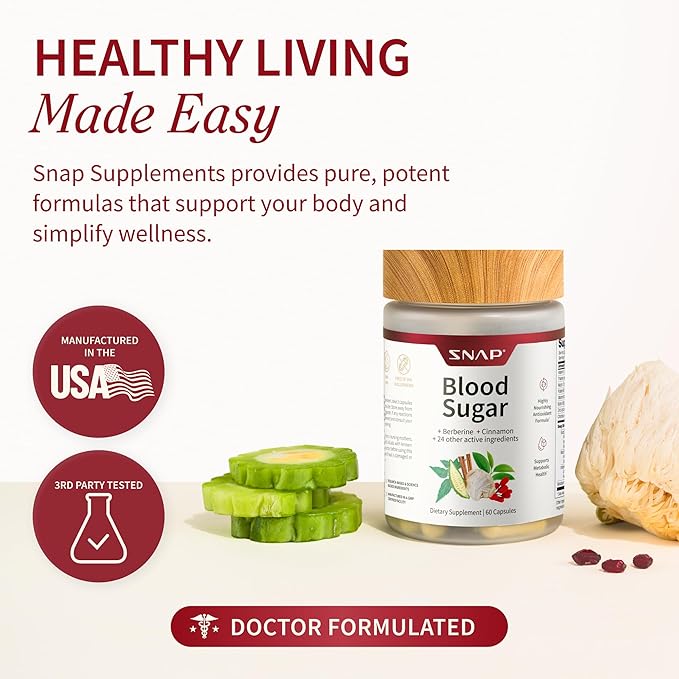 Snap Supplements Blood Sugar Blend with Berberine CoQ10 Cinnamon and Gymnema to Support Already Healthy Blood Sugar Metabolic Health and Energy Sugar Free 60 Capsules (Packaging May Vary)