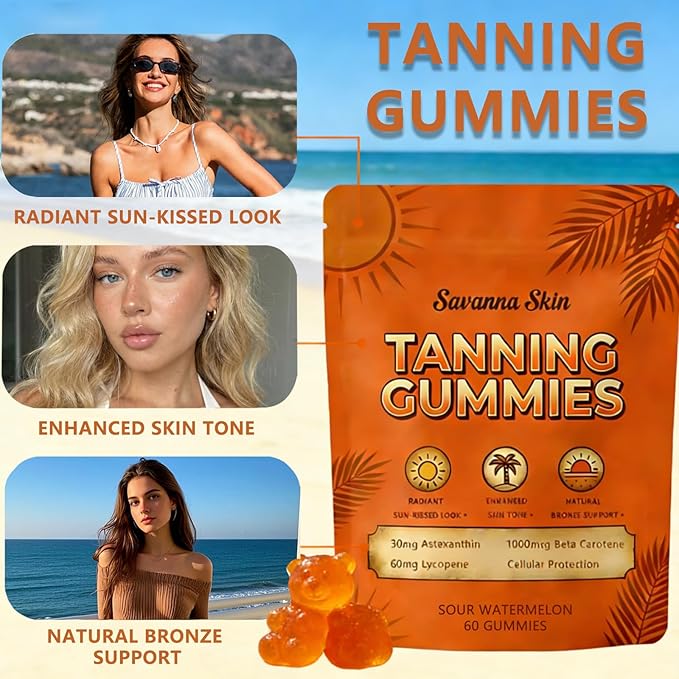 Savanna Skin Tanning Gummies:Antioxidant Beauty Gummies with Beta-Carotene &amp Lycopene for a Healthy Sun-Kissed Look – 60 Daily Beauty Gummies