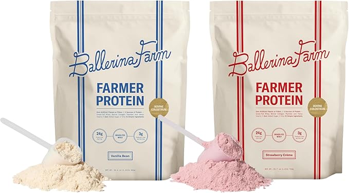 Ballerina Farm Grass Fed Whey Protein Powder Vanilla Bean + Strawberry Crème 24g Protein with Collagen Peptides Bovine Colostrum Hemp Hearts &amp Prebiotic Fiber No Added Sugar 40 Servings Tota
