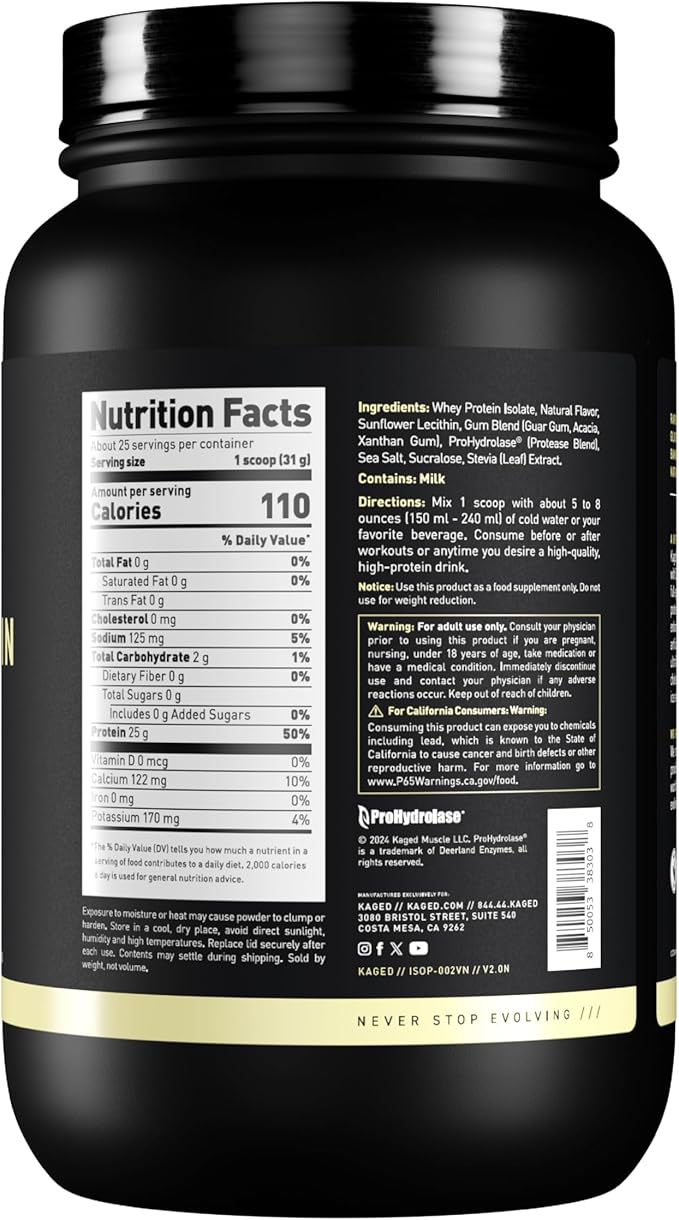 Kaged Whey Protein Isolate Powder | Vanilla | 100% Pure Low Lactose Whey | Post Workout Recovery Drink | Supports Muscle-Building | 25g per Serving | 41 Servings