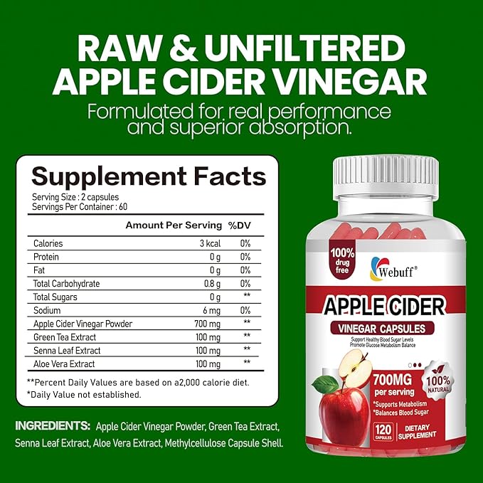 Apple Cider Vinegar Capsules 700mg — 120 Count | Extra Strength ACV with The Mother | Supports Weight Management Digestion Metabolism &amp Immune | Vegan Non-GMO Gluten-Free (Pack of 2)