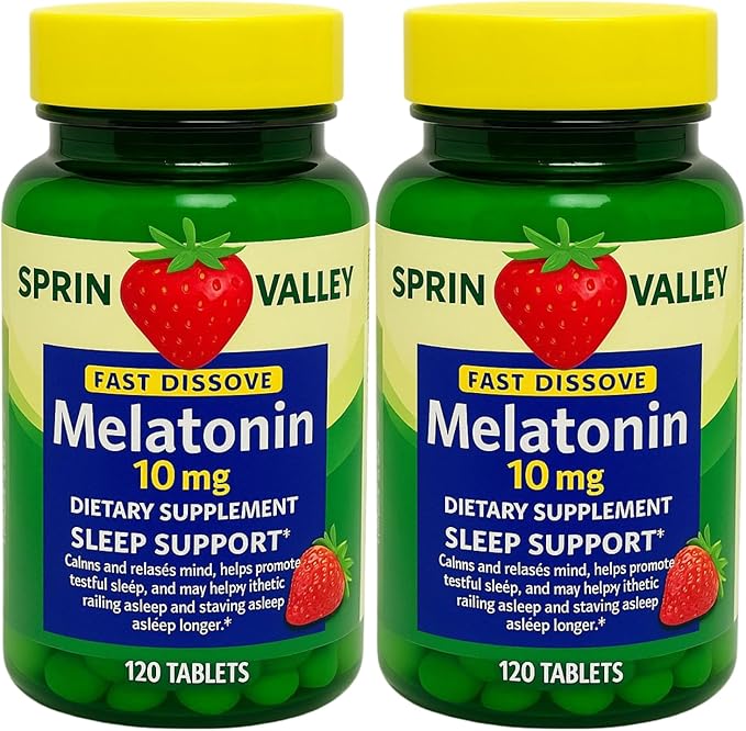 Melatonin Sleep Health Dietary Supplement Tablets Spriing Vallley Strawberry 10 mg 120 Ct Fast Dissolve (Pack of 2)