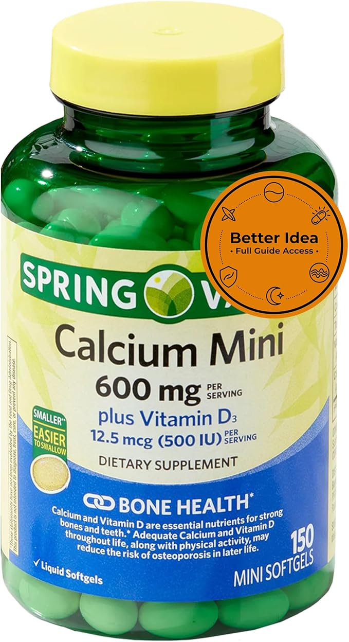 Spring Calcium Plus Vitamin D3 150 Mini Softgels | Calcium Supplement | Easier to Swallow | CaIcium 600 mg with Vitamin d3 | 150 Mini Softgels + Better Idea Sticker with Full Guide Access