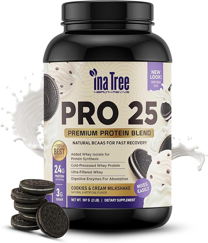 Pro 25 Premium Protein Blend Ultra-Pure Whey Protein Powder with Natural BCAAS for Fast Recovery Digestive Enzymes for Absorption Low Sugar Cookies and Cream Milkshake (2lb)