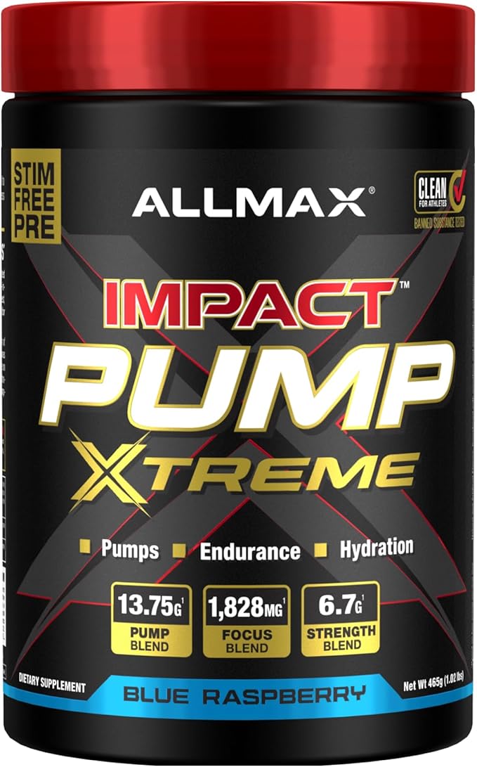 ALLMAX Impact Pump Xtreme Blue Raspberry - 465 g - Stim-Free Pre-Workout Formula - Supports Pumps Endurance &amp Hydration - Up to 30 Servings