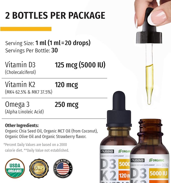 (4 Pack) Vitamin D3 K2 Drops Unflavored &amp Strawberry Flavor Bundle - Maximum Strength Vitamin D Liquid 5000 IU with MCT Oil Omega 3 - No Fillers Non-GMO Liquid D3 for Immune Support 2 Fl Oz Each