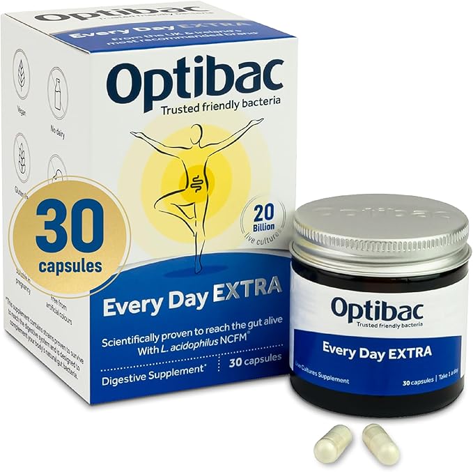 OptiBac Probiotics Every Day Extra 30 Capsules | High Strength Digestive Probiotics with 20 Billion CFU | Vegan Supplement with Lactobacillus Acidophilus NCFM | for Everyday Digestive Health