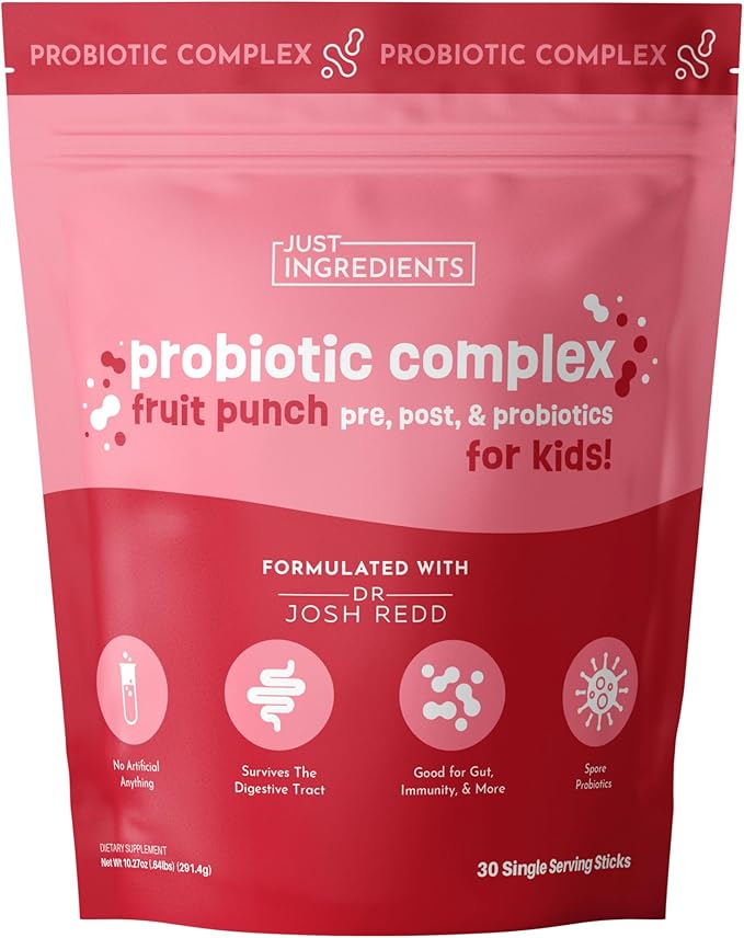 JUST INGREDIENTS Kids Probiotic Drink Mix - Fruit Punch Prebiotic &amp Postbiotic Gut &amp Immune Support