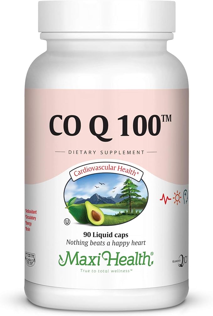Maxi Health COQ10 100mg Capsules – 100mg Coenzyme Q10 for Heart &amp Energy Support – Kosher Certified CO Q 10 Supplement – Non-GMO and Gluten-Free Heart Health Supplements - 90 Liquid Capsules