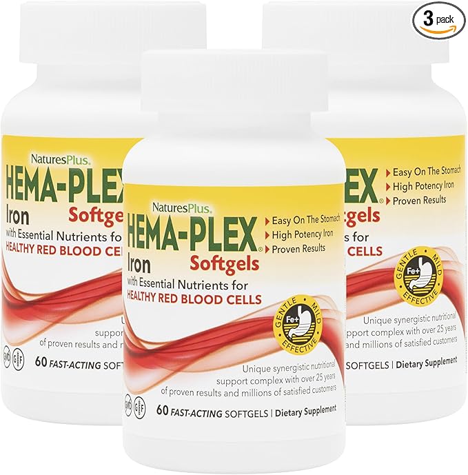 NaturesPlus Hema-Plex Iron - 60 Fast-Acting Softgels - 3 Pack - 85 mg Iron + Vitamin C &amp Bioflavonoids for Healthy Red Blood Cells - Gluten Free - 60 Total Servings