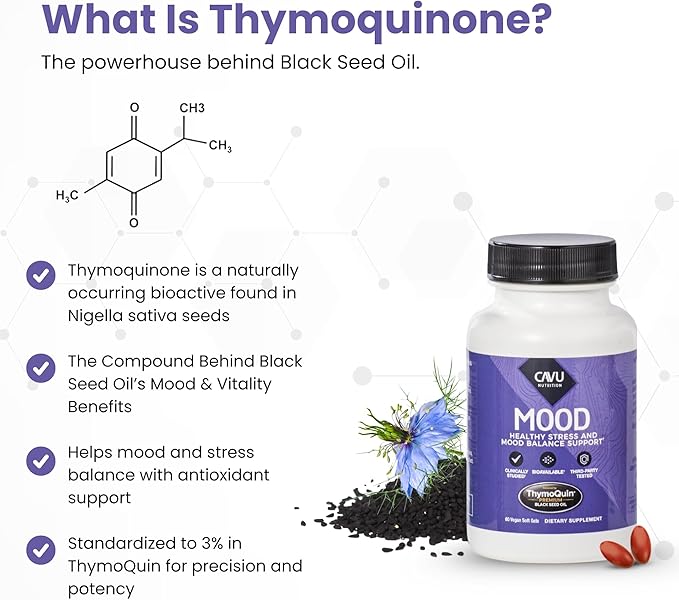 Mood Support Supplement with Full-Spectrum Cold Pressed Black Seed Oil with 3% Thymoquinone | Stress Emotional Balance &amp Serotonin Support Brain Supplement for Men &amp Women 60 Softgels