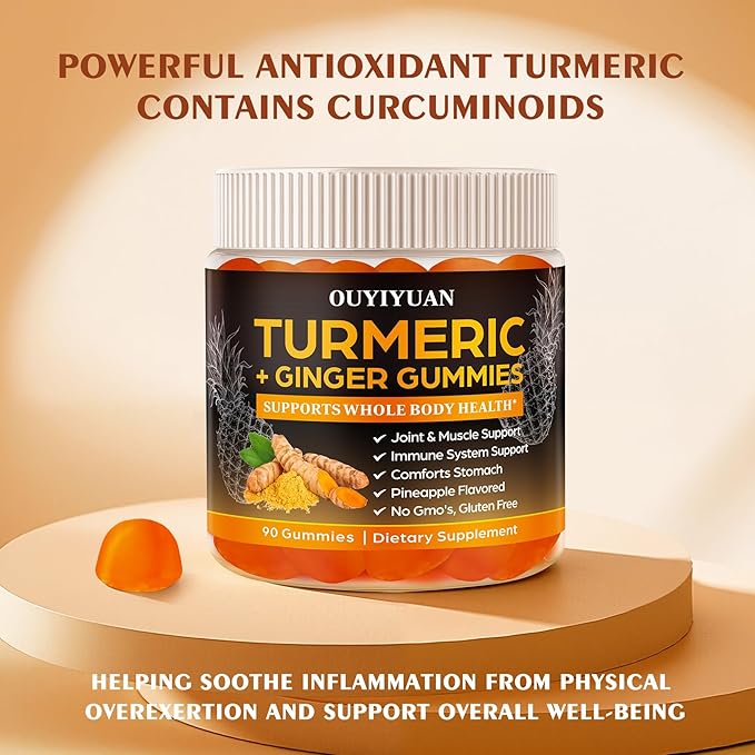 Turmeric Gummies Joint &amp Muscle Relief + Immune Support Natural Pineapple Flavor Non-GMO Gluten-Free 90 Gummies