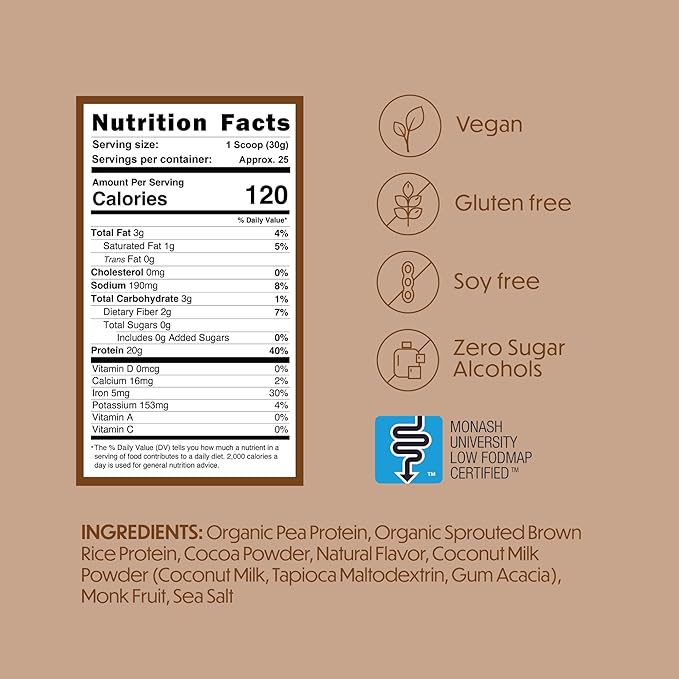 TumLove Vegan Protein Powder - Low FODMAP Certified Gluten-Free Dairy-Free Soy-Free 100% Gut-Friendly &amp Non-Bloating Chocolate (25 Servings)