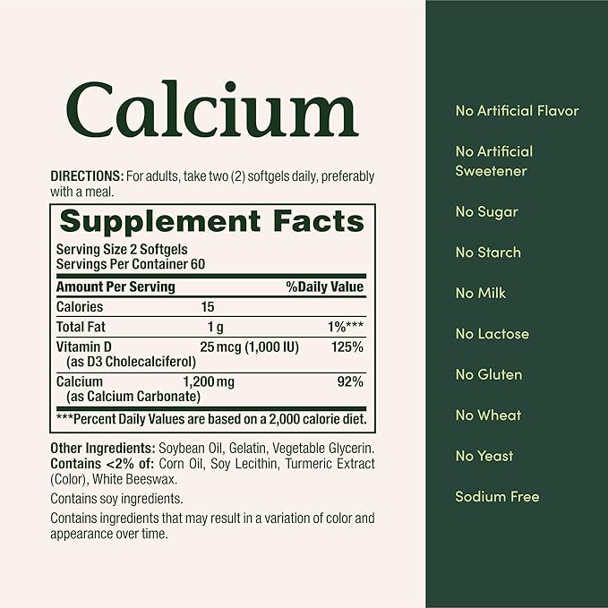 Nature's Bounty Calcium 1200 mg with Vitamin D3 Bone Health &amp Immune Support Vitamin D3 1000 IU 220 Softgels (Pack of 2)