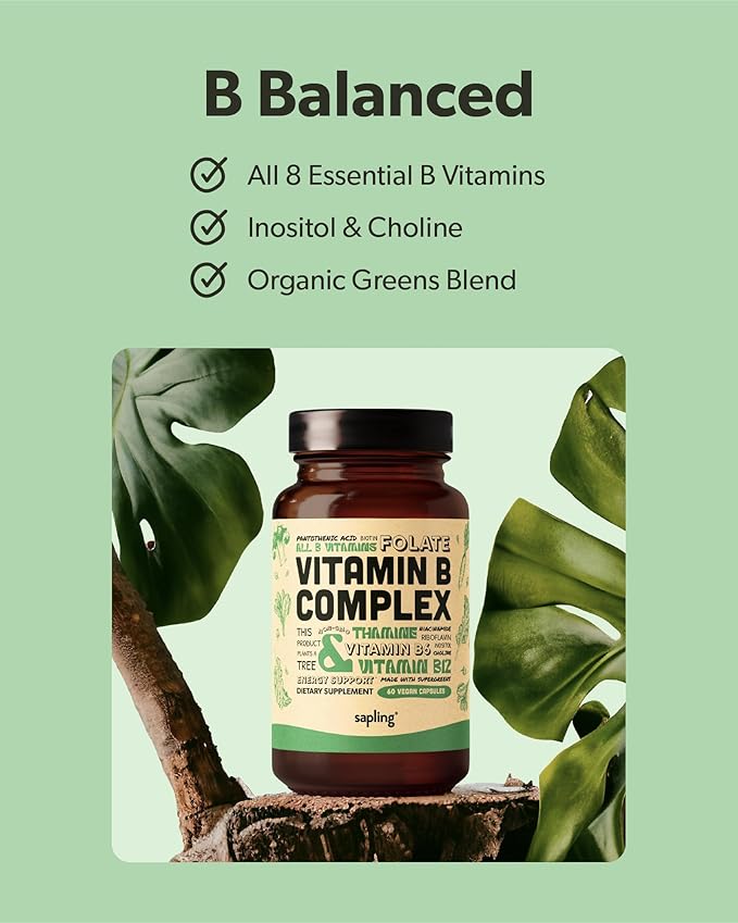 sapling Vitamin B Complex &amp Vegan Omega 3 60 &amp 180 Softgels Bundle - Essential B Vitamins with Whole Food Blend Plant Based DHA &amp EPA Fatty Acids
