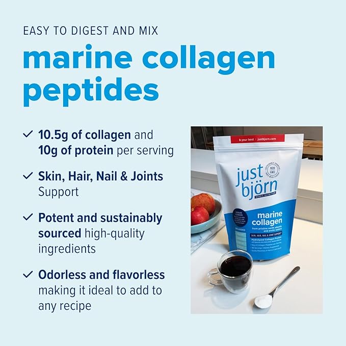 Just Bjorn Marine Collagen Peptides Powder for Women &amp Men - Skin Hair Nail and Joint Support - Hyaluronic Acid Vitamin C Amino Acids - Unflavored (45 Servings / 17.3 Ounce)