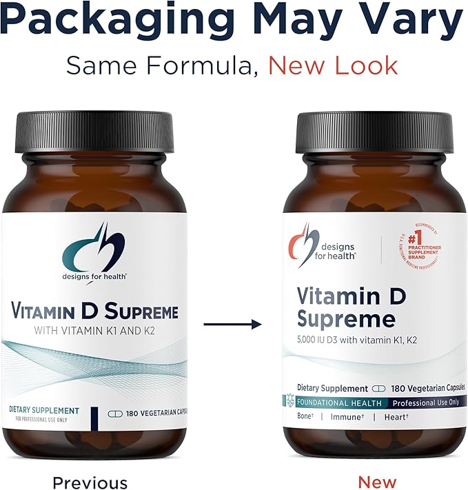 Designs for Health Vitamin D Supreme - Vitamin D 5000 IU with 2000mcg Vitamin K as MK4 for Bone Health Heart Health Mood &amp Immune Support - Vitamin D3 Enhanced with GG Supplement (180 Capsules)