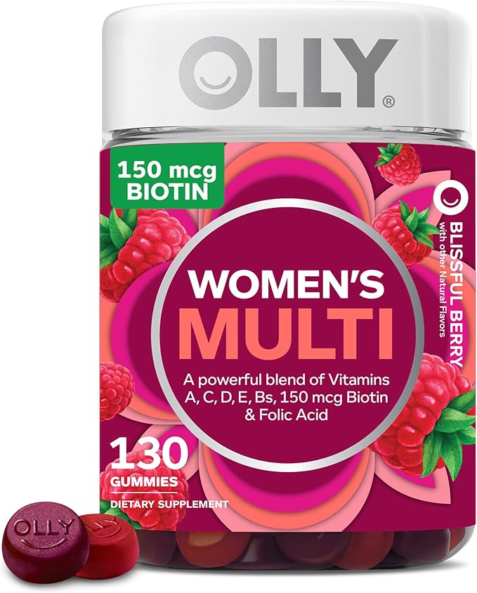OLLY Women's Multivitamin Gummy Overall Health and Immune Support Vitamins A D C E Biotin &amp Glowing Skin Gummy 25 Day Supply (50 Count) Plump Berry Hyaluronic Acid Collagen