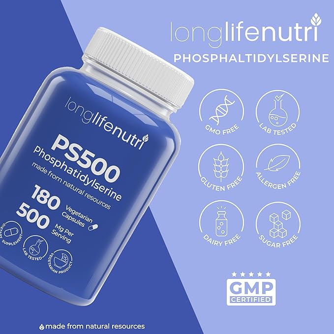 Phosphatidylserine Pure 500mg – 180 Vegetarian Pills 3-Month Supply Supplement for Strengthening Memory Focus &amp Cognitive Function Made in USA Lab Tested Non GMO