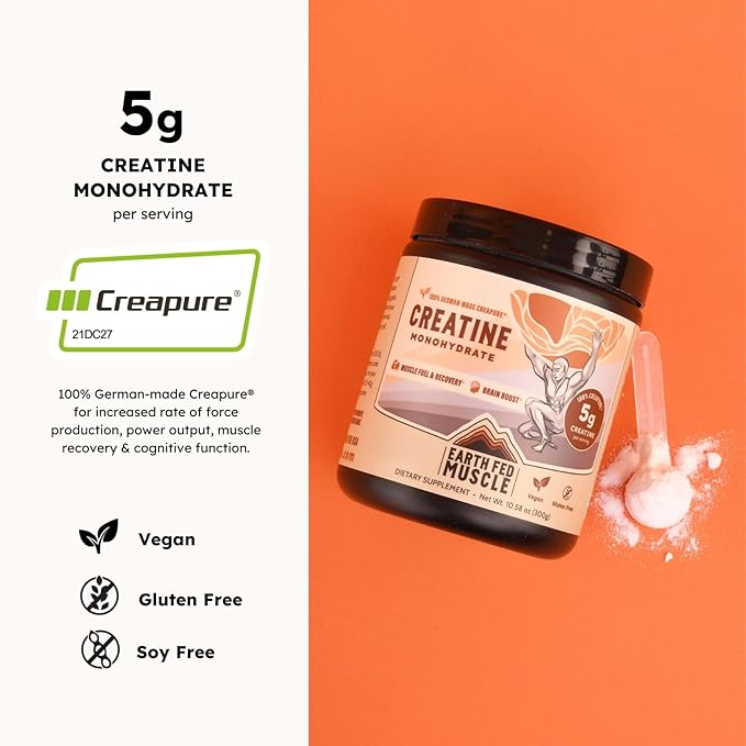 Earth Fed Muscle Creatine Monohydrate Powder — 300g 60 Servings | German Creapure Creatine for Strength Power &amp Muscle Growth | Unflavored Mixes Clean No Fillers