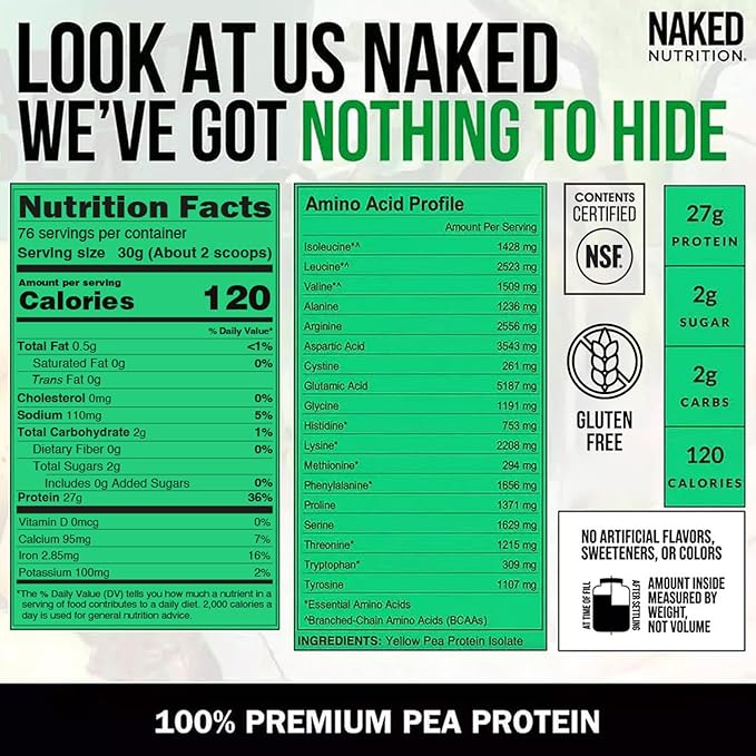 NAKED Pea - 5LB 100% Pea Protein Powder from North American Farms - Unflavored Vegan Pea Protein Isolate - NSF Certified Plant Protein Powder Easy to Digest - 76 Servings
