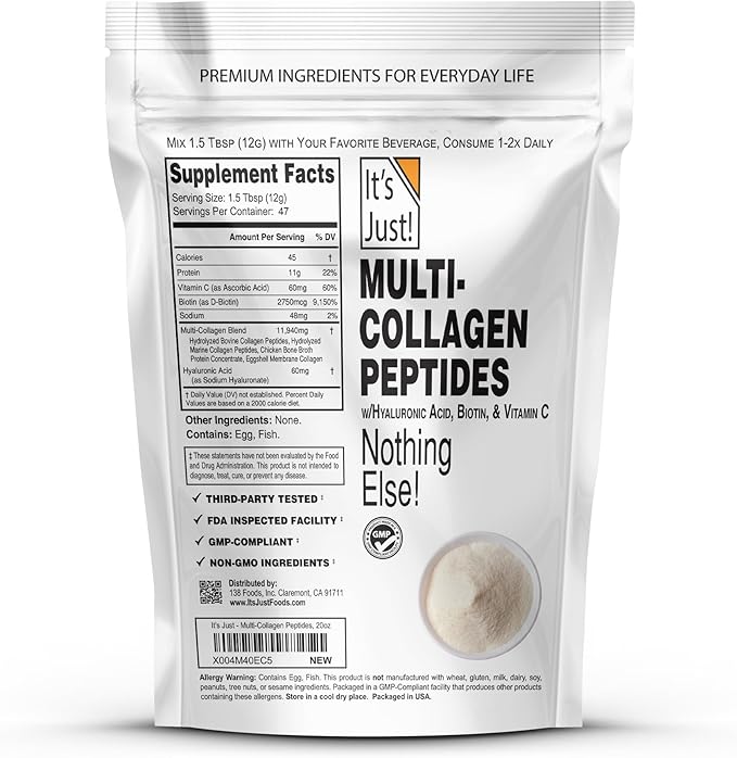 It's Just! - Multi Collagen Peptides (Types I II III V X) w/Vitamin C Biotin Hyaluronic Acid No Added Flavor Tested for Heavy Metals Gluten Free Non-GMO Unflavored / 20oz