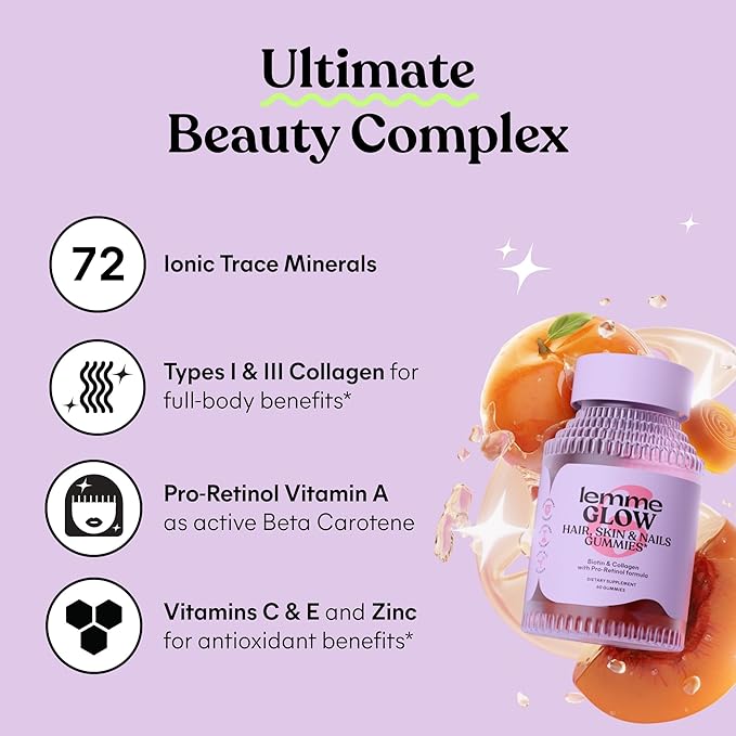 Lemme Glow Collagen Gummies for Thick Hair Strong Nails &amp Healthy Skin with Multi-Collagen Peptides Biotin Trace Minerals Zinc Vitamins A C &amp E Dairy &amp Gluten Free Peach Flavor 60