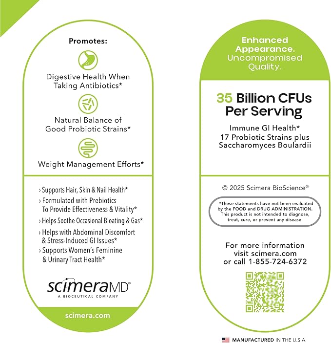 ScimeraMD® Asprega Probiotic + Prebiotic Supplement for Digestive Health and Immune System Support 35 Billion CFUs 30 CT