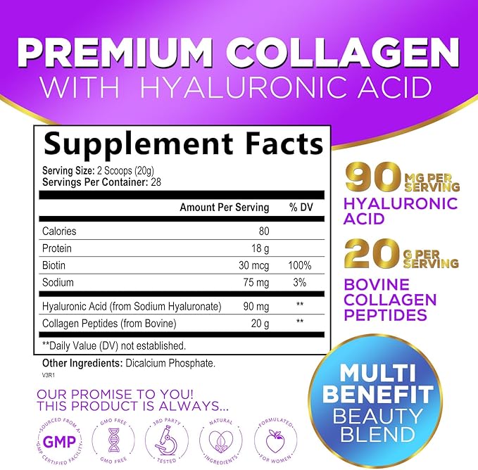 Collagen Peptides Powder 20G Per Serving - Grass Fed Hydrolyzed Collagen Powder Type I &amp III with Hyaluronic Acid &amp Biotin For Women Unflavored - Hair Skin Nails &amp Joint Support - 28 Se