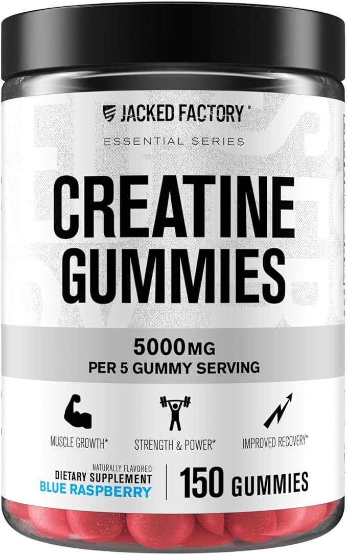 Jacked Factory Creatine Monohydrate Gummies 5g Daily Dose (1g per Gummy) - Creatine Gummy for Men and Women Vegan-Friendly Travel-Friendly Third-Party Tested - 150 Gummies Blue Raspberry &amp Lem