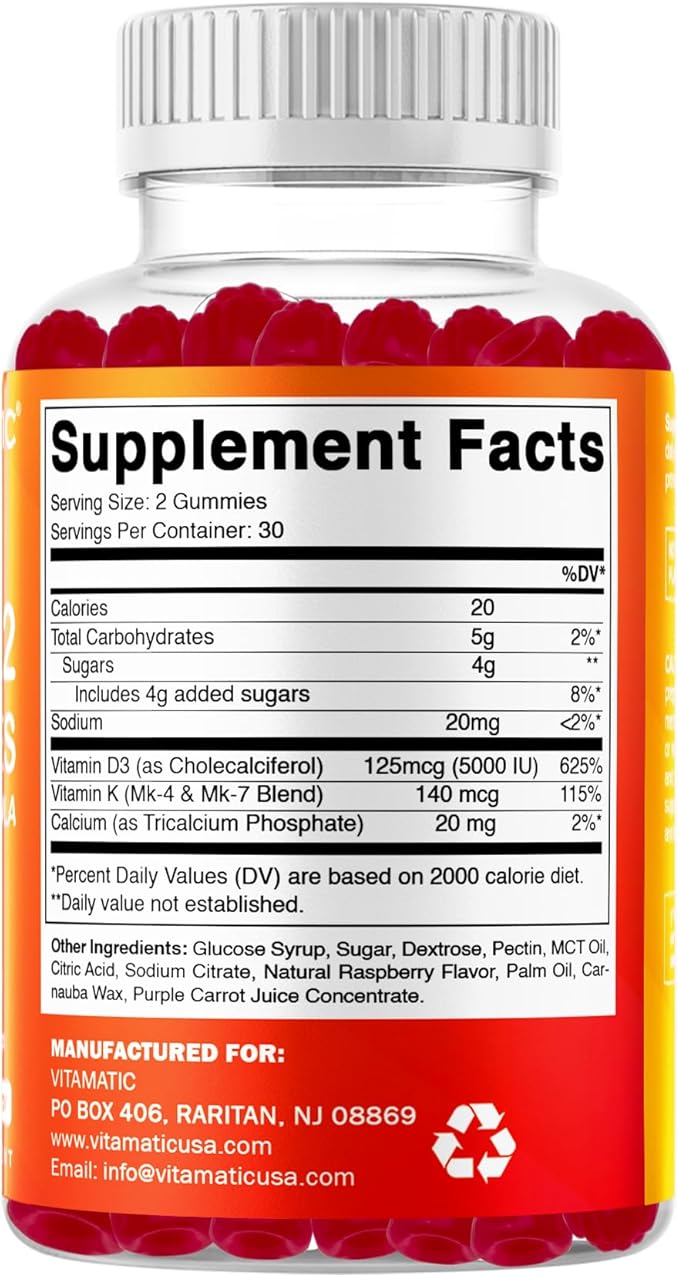 Vitamatic Vitamin D3 &amp K2 Gummies (2-Pack 60 Count) Supports Healthy Bones Heart Health Calcium Absorption and Immune Function Plant-Based Non-GMO Gluten-Free