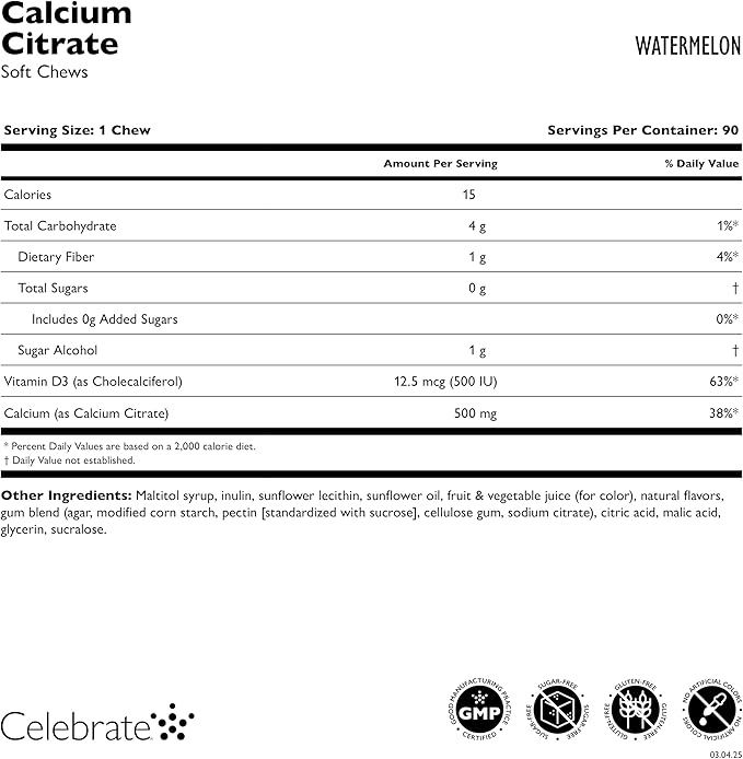 Celebrate Vitamins Bariatric 500mg Calcium Citrate Soft Chews with 500 IU Vitamin D3 – Essential for Gastric Bypass Patients &amp Bone Health - Sugar &amp Gluten Free Melon (270 Chews)