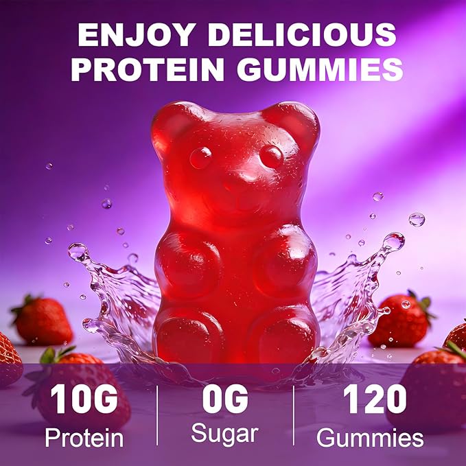 Whey Protein Gummies 10g Protein Chewables Supplements for Women &amp Men Muscle &amp Energy Support Bone Health Strawberry Flavor 120 Count