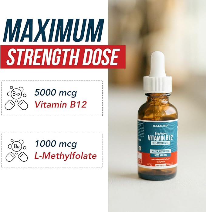 BioActive Vitamin B12 5000 mcg | 3 BioActive Forms Plus Methylfolate Cofactor - Methylcobalamin Adenosyl &amp Hydroxy | Sublingual Liquid Drops Berry Flavor Organic Non-GMO Vegan (1 oz)