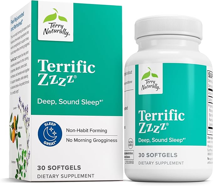 Terry Naturally Terrific Zzzz - Sleep Supplement for Adults - Dietary Supplement with Mandarin Lemon Balm &amp Lavender - Non-GMO Relaxation &amp Sleep Relief Aid - 30 Softgels