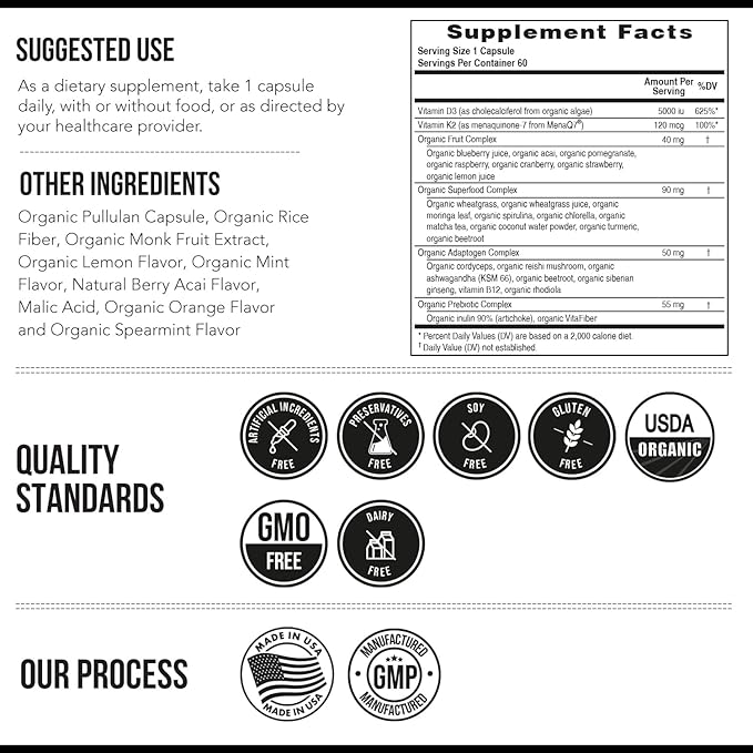 Organic Plant D3 + K2 | 5000 iu D3 + 120 mcg K2 as All-Trans MK7 from MenaQ7® - 100% Whole Food Raw &amp Vegan | Enhanced Digestion with Prebiotic &amp Superfood Complex – D3 from Organic Algae (60