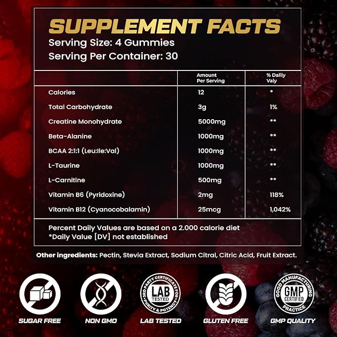 Creatine Monohydrate Gummies for Men &amp Women 9000MG Creatine Gummies Sugar Free - Mixed Flavored with L-Taurine BCAA 2:1 B12 B6 for Boost Strength Focus &amp Endurance Vegan Non-GMO 120pcs
