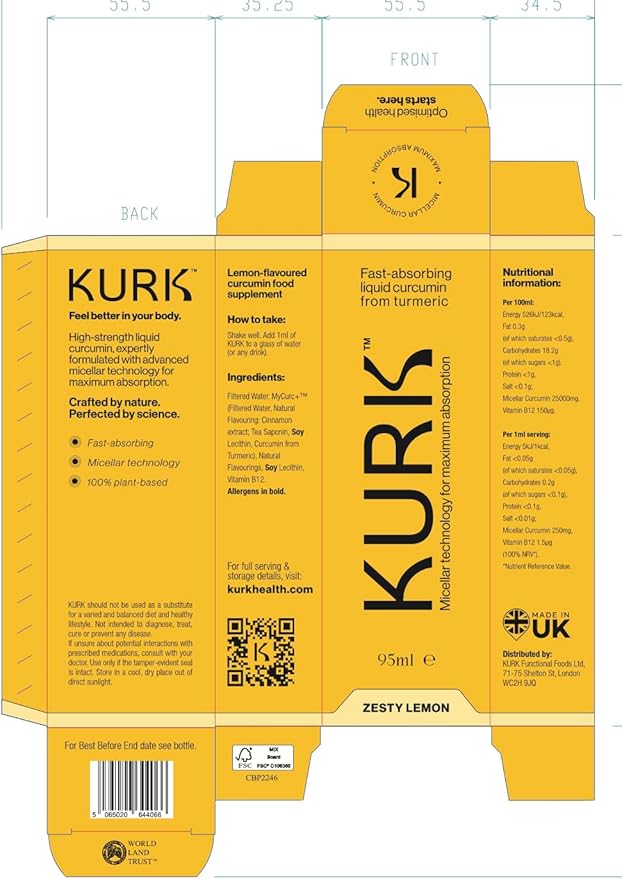 Kurk Essential Liquid Turmeric Curcumin Supplement Turmeric Drops Oil for Advanced Everyday Wellness Focus &amp Energy 185x More Absorbable Than Powders Plant-Based (Lemon) (3.2 Fl Oz)