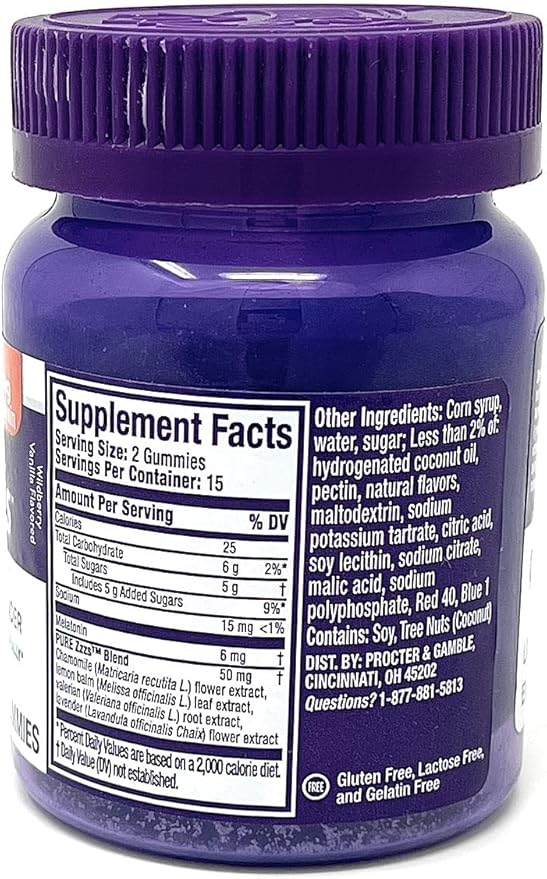 ZzzQuil Pure Zzzs Melatonin Natural Flavor Sleep Supplement Gummies with Chamomile Lavender &amp Valerian Root 6mg per Serving 30 Gummies (Pack of 2)