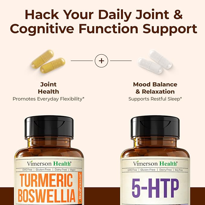 Boswellia Turmeric Curcumin Supplement + 5HTP Sleep Supplement Bundle – Joint Health Support Sleep Aid &amp Occasional Stress Support – with Ginger Root Organic Turmeric Powder 5 HTP &amp Calcium