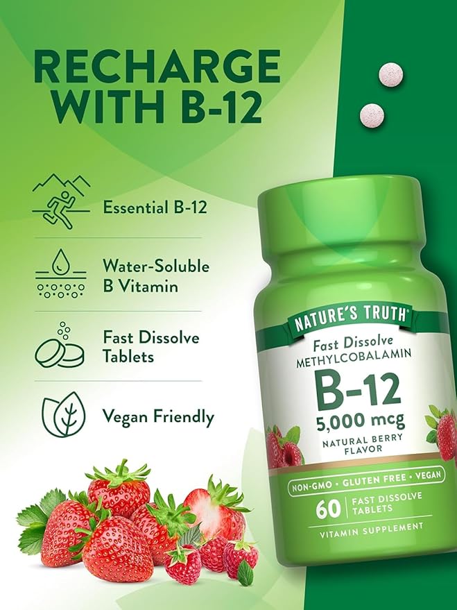 Nature's Truth Sublingual Methylcobalamin B-12 5000mcg Tabs Berry 60 ea (Pack of 2)