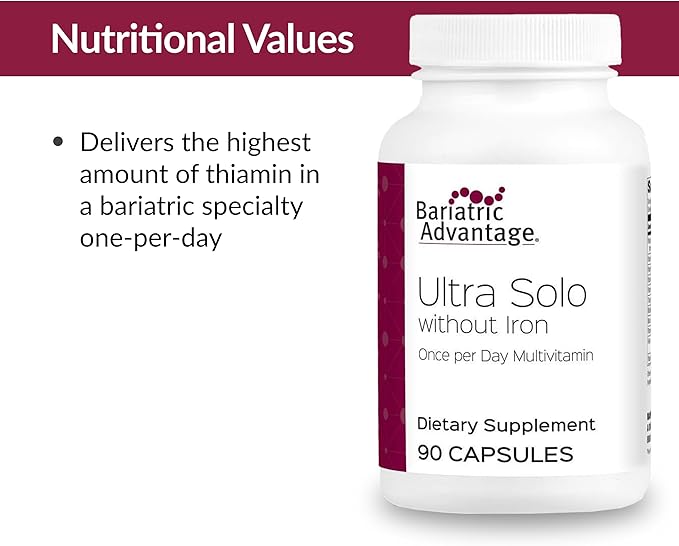 Bariatric Advantage Ultra Solo Without Iron - Once-Per-Day Daily Multivitamin - for Bariatric Patients - with Thiamin Vitamin A &amp More - Gluten Free - 90 Capsules