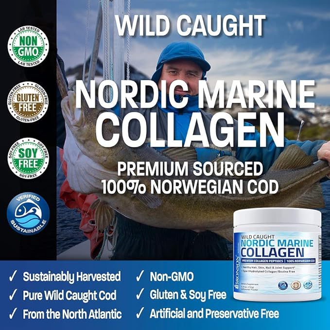 Bronson Marine Collagen Peptides Hydrolyzed Protein Powder 100% Wild Caught Nordic Cod Vitamin C Powder Pure Ascorbic Acid Soluble Fine Non GMO Crystals
