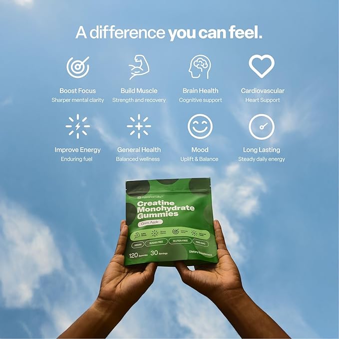 Creapure Creatine Gummies 5g + Taurine &amp B12 - Sugar-Free Vegan Gluten-Free - Green Apple - 120 Count (30 Servings) for Strength Energy &amp Focus