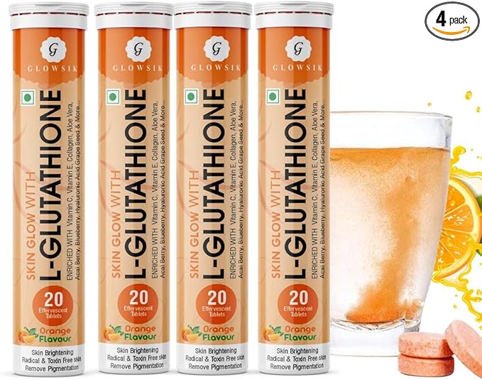 Glowsik Glutathione Effervescent Tablets for Skin Health 600mg Glutathione Reduced with Vitamin C for Lightening Antioxidants Supplements for Glowing Skin Health Orange Flavour (4 Orange)
