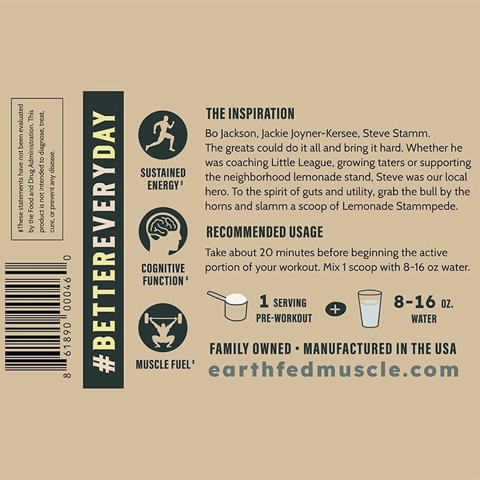 Earth Fed Muscle Stammpede Pre Workout Powder Lemonade Flavor 250mg Caffeine Powder 5g Beta Alanine Citrulline Taurine &amp Tyrosine Gluten &amp Sugar Free Pre Workout Keto Friendly 26 Servi
