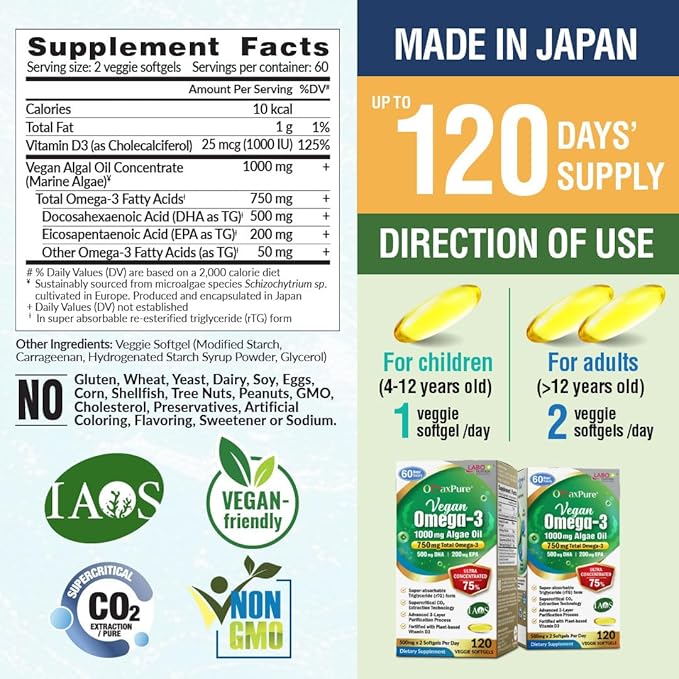 LABO Nutrition Vegan Omega 3 Algae Oil - Plant Based Fish Oil Alternative 750mg Omega-3 500mg DHA &amp 200mg EPA - Non-GMO &amp IAOS Certified - Heart Brain Eye Immune Joint Support 120 Softgels