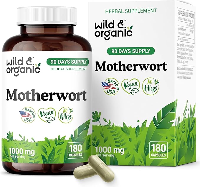 Wild &amp Organic Motherwort Capsules 1000 mg - Calmness &amp Women's Support - Natural Motherwort Supplement - 90 Days of Supply - 180 Vegan Herb Capsules - Non-GMO Gluten-Free No Additives
