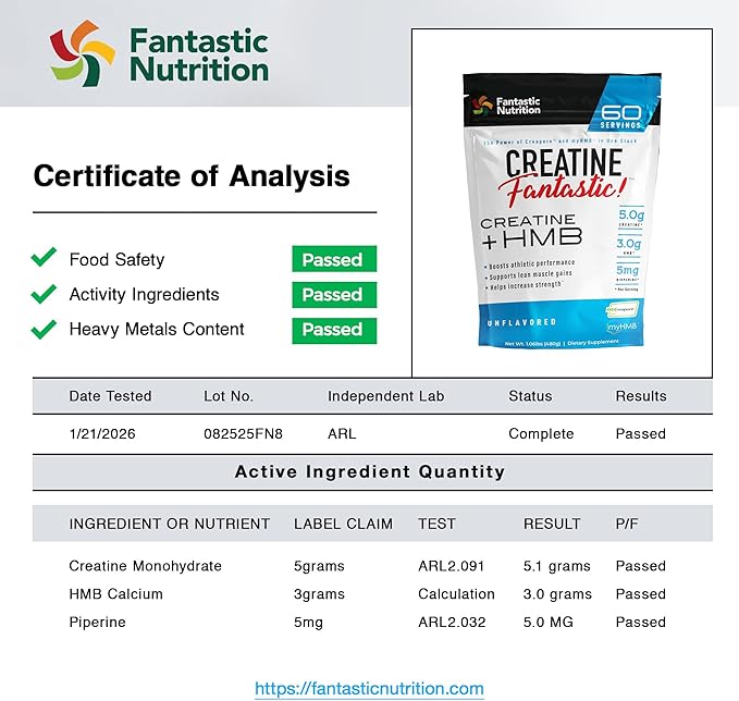 Fantastic Nutrition's Creatine + HMB — Clinically Dosed 5g Creapure German Creatine Monohydrate Plus 3g myHMB for Strength Lean Muscle &amp Recovery — 60 Servings Unflavored